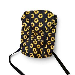 Sunflower Print Roll Top Backpack Black Yellow Laptop School Travel Book Bag